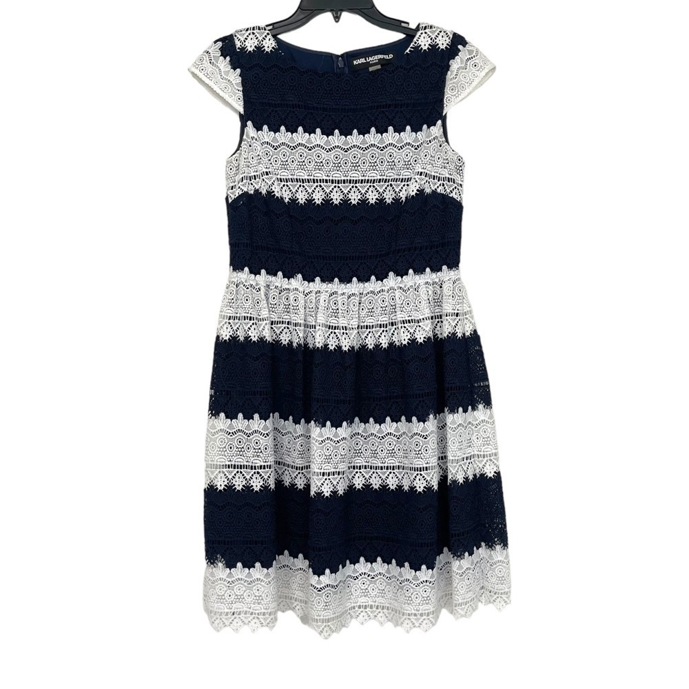 Karl Lagerfeld Paris Navy Blue White Crochet Cap Sleeve Mini Dress Size 4